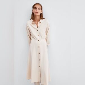 Zara Button down Cream Midi Shirt Dress Size S